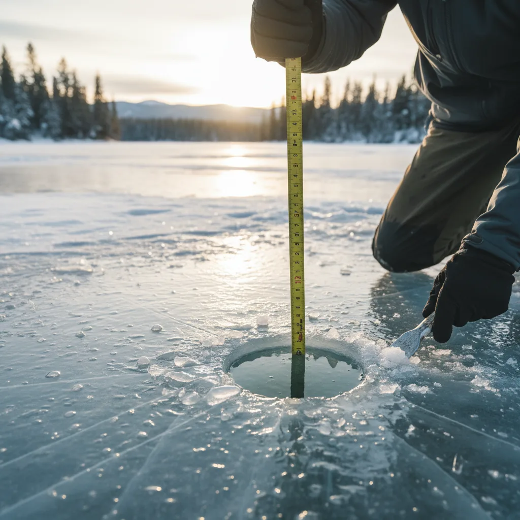 Checking ice thickness with chisel