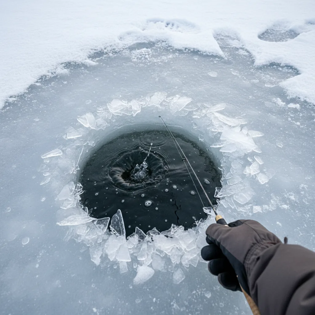 Focused angler looking into ice hole