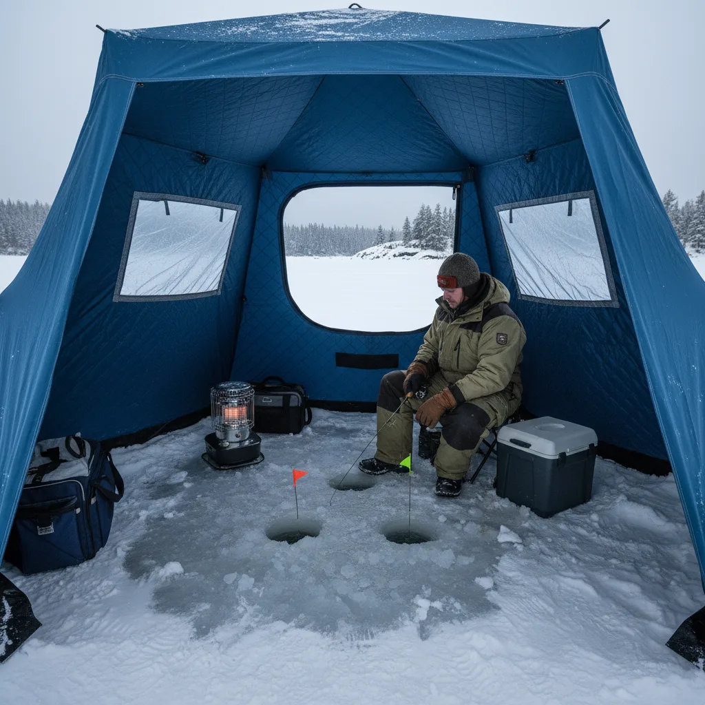 Portable ice shelter set up on snow