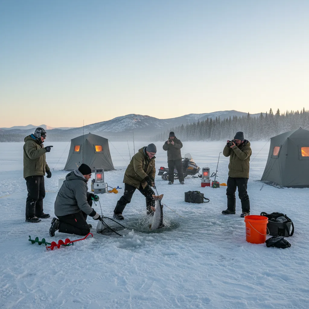 Team landing fish through thick ice