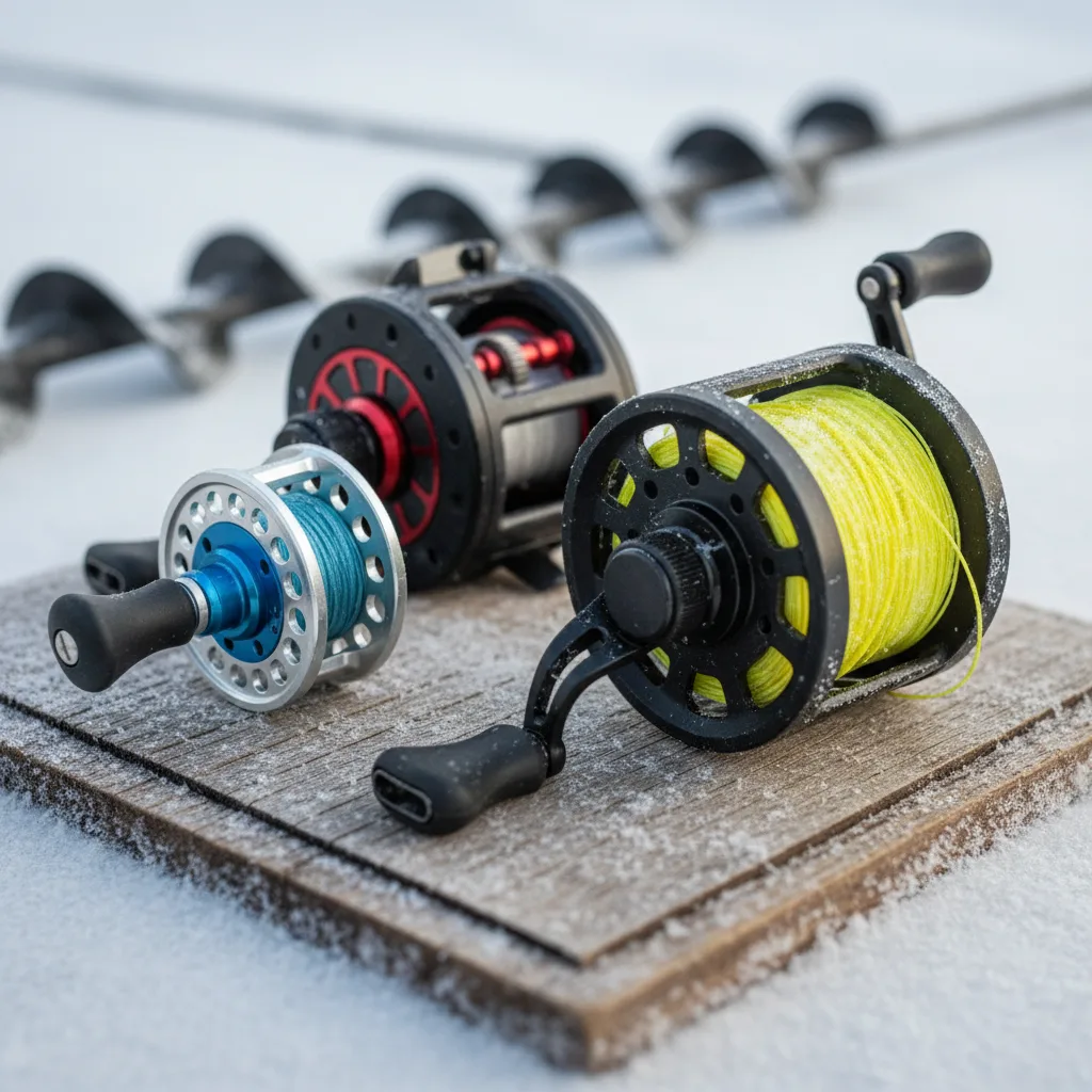 Ice fishing reel closeup