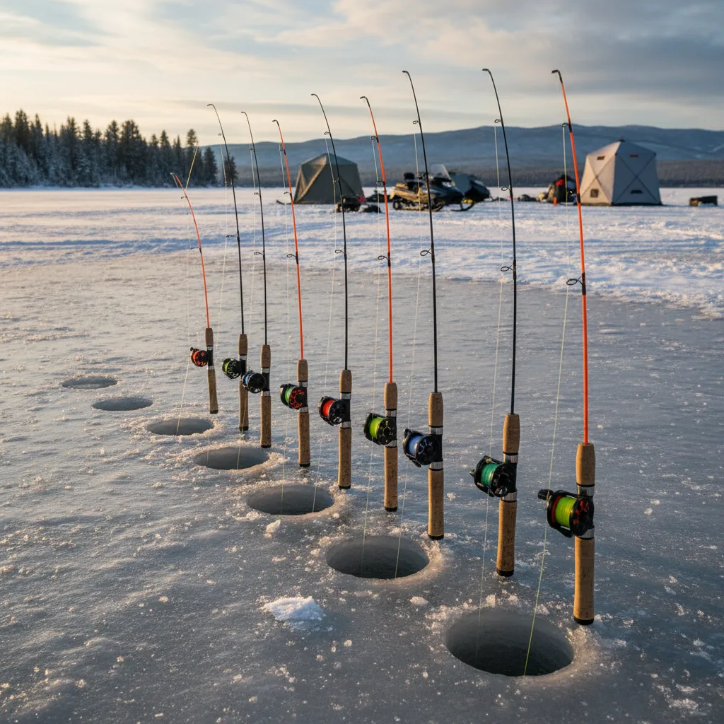 Various rods prepped for ice fishing