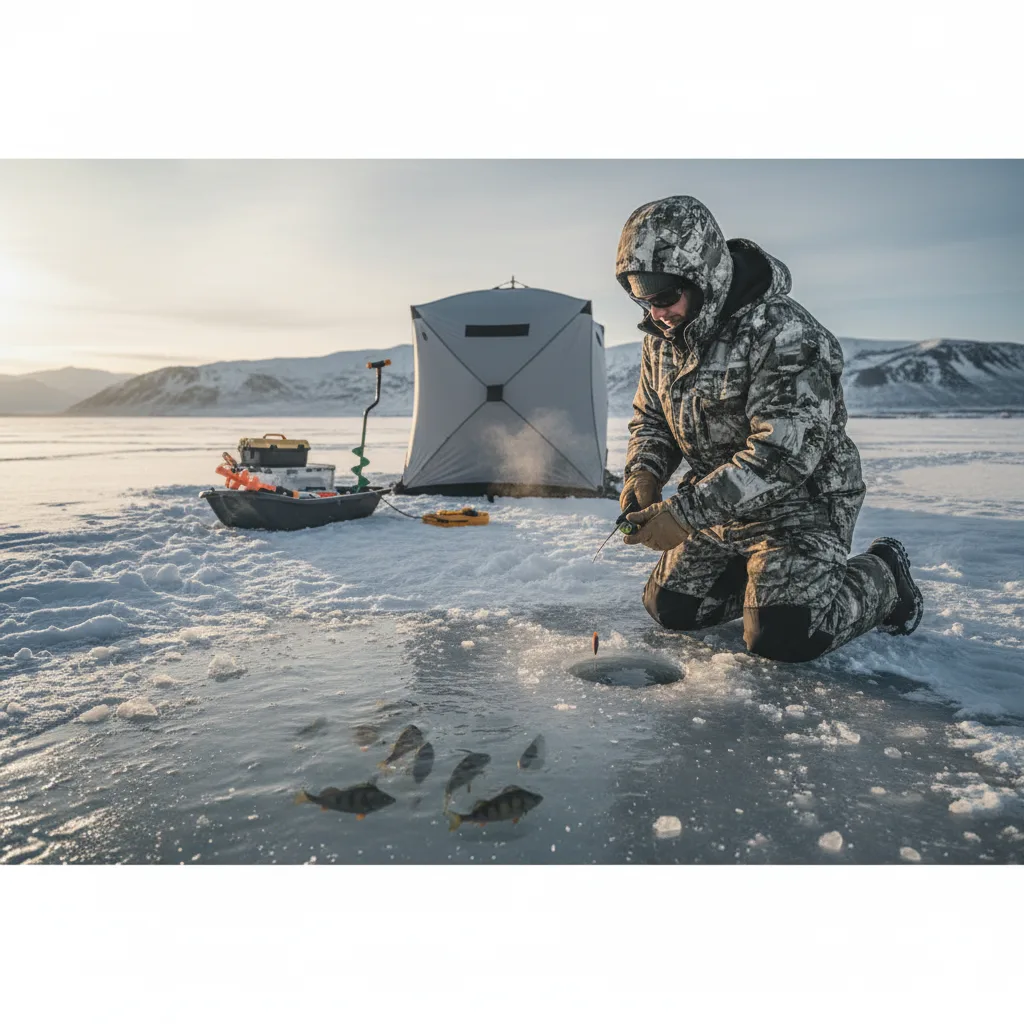 Angler demonstrating modern ice fishing technique