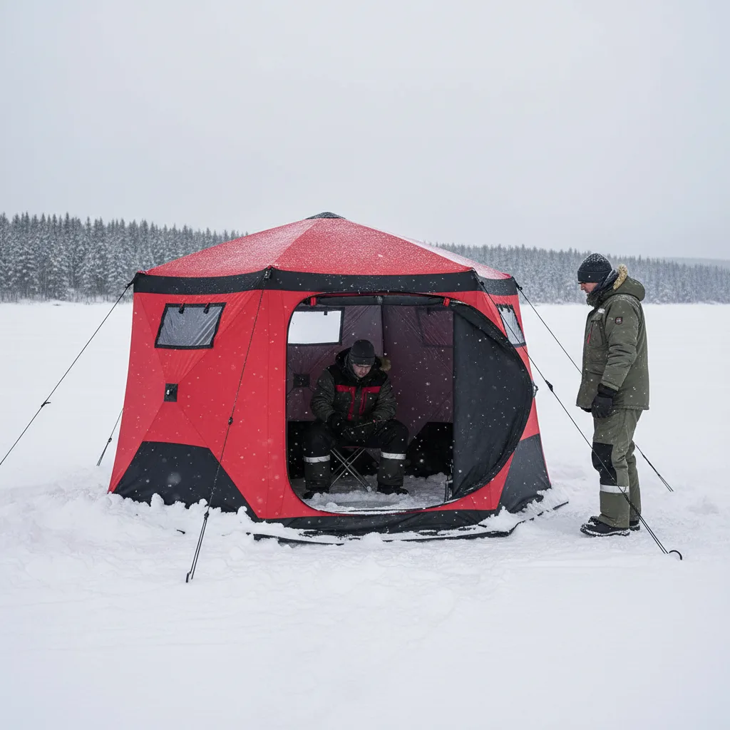 Portable ice shelter in snow